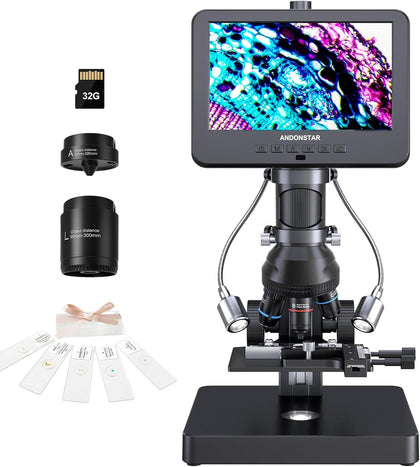 AD266S 20X-5000X HDMI Digital Microscope, 5 Lens 2160P UHD Video | 7'' LCD IPS Screen, Metal Biological Stand, X-Y