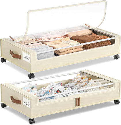 Under Bed Storage with Wheels, 2 Pack Under Bed Storage Containers, 60L Underbed Shoe Storage with Clear Window &