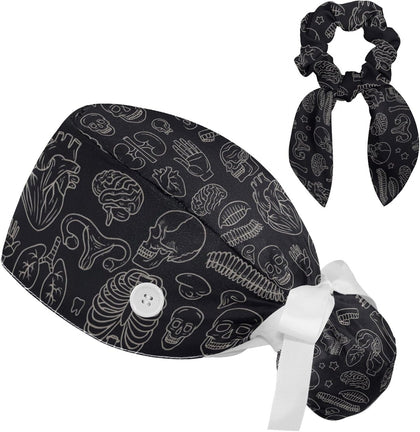 Scrub Caps Women Anatomy Nurse Hats Ponytail Tie Back