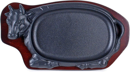 HSGRD-COW12, Large Cast Iron Steak Plate Sizzle Griddle with Wooden Base Steak Pan Grill Fajita Server Plate