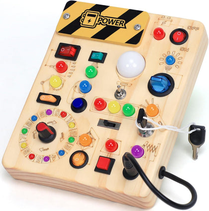 Busy Board with LED Light Switches, Montessori Toys for 1 2 3 Years Old, Toddlers Wooden Toy Sensory Activity Board