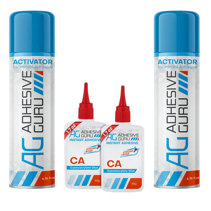Adhesive Guru CA Glue with Activator (2x1.7 oz - 2x6.76 fl oz) - Premium Cyanoacrylate Super Glue for Woodworking