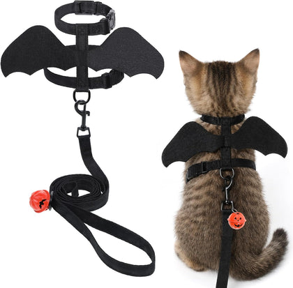 Cat Harness and Leash, Cat Halloween Costumes with Bat Wings & Pumpkin Bell