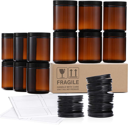 12 Pack, 8 OZ Dark Amber Candle Jars for Making Candle - Thick Glass Jars with 12 Metal & 12 Plastic Lids - Empty