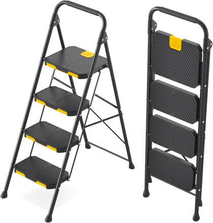 4 Step Ladder, Sturdy Steel Step Stool with Safe-Lock Design, Handrail, Anti-Slip Wide Pedals, Pass 800lbs Load