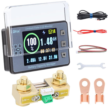 Charge Discharge Monitor, DC 8-100V 200A Battery Monitor 12V 24V 36V 48V 60V Coulometer Watt Meter, 2.4 inch LCD
