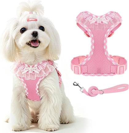Cute Ruffle Plaid Puppy Harness and Leash Set for Small Dogs Girls,Soft Breathable Mesh Small Dog Vest Harness No