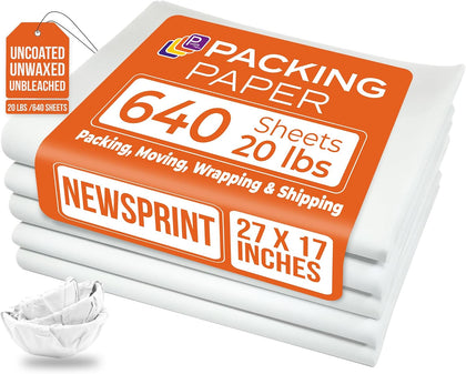 White Bulk Packing Paper Sheets for Moving | 640 sheets | 27" x 17" | 20 lb | Twin Pack | | Newsprint Wrapping Paper