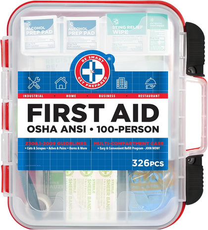 First Aid Kit Hard Red Case 326 Pieces Exceeds OSHA and ANSI Guidelines 100 People - Office, Home, Car, School