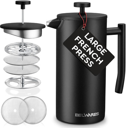 French Press Coffee Maker - 50oz Stainless Steel, Insulated Coffee Press | Large 6 Cup 50oz Capacity, Double Wall