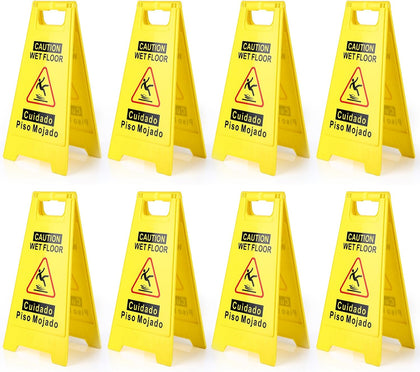 8-Pack Caution Wet Floor Sign,17.5" Height,Bright Yellow Double-Sided Folding A-Shaped Frame Design, Bilingual