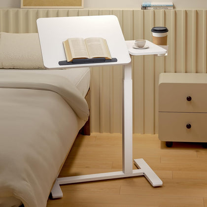 Overbed Bedside Table with Wheels, Pneumatic Adjustable Medical Tilt Top Hospital Bed Table Over The Bed, Rolling