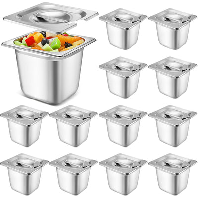 12 Pcs Stainless Steel Hotel Pan with Lids 1/6 Size, 5.9 Inch