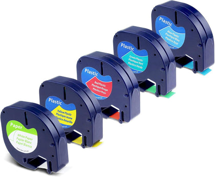 5pk Compatible with DYMO LetraTag Mix Color Label Tape Refill | Black on White/Red/Yellow/Blue/Green, Work with