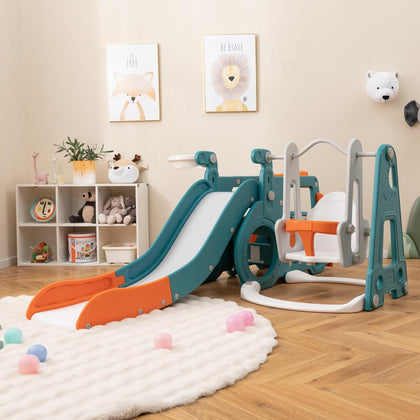 6 in 1 Toddler Slide and Swing Set, Mini Bus Indoor Outdoor Baby Swing with Basketball Hoop, Crawling Tunnel, Kids