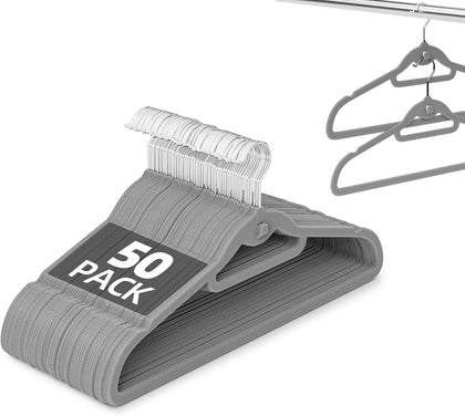 Velvet Stackable Hangers 50 Pack Space Saving Cascading Hook Gray | Ultra Thin, Non Slip Felt, Heavy Duty With 360°