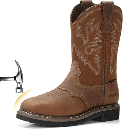 NINGO Steel Toe Work Boots for Men Square Toe Cowboy Boots Soft Toe | Full-Grain Leather Western Boots, Water & Slip