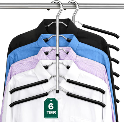 Space Saving 6 Tier Coat Hangers - Non Slip Foam Padded, Black Metal Sweater & T Shirt Hangers for Men & Women, 2