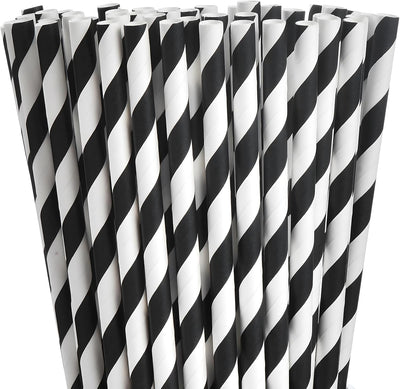 100 Black Striped Paper Straws, 7.75 in Black and White Straws