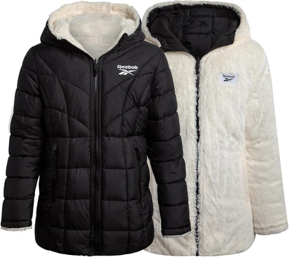 Girls Reversible Puffer Jacket, Fur Lined, Wind & Water Resistant | Two Stylish Looks in One, Soft Faux Interior for