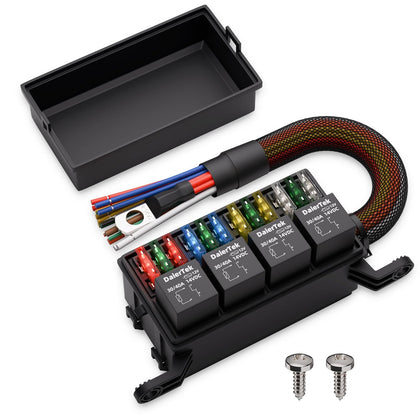 Waterproof 12v Fuse Relay Box 12 ATO/ATC Fuse and 4 Way Relay Block with Pre-Wired Harness for Marine, Automotive Car