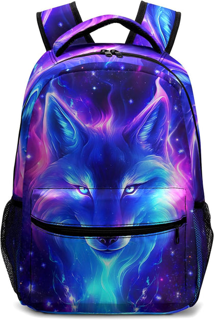 Wolf Galaxy Backpack for Boys Girls Cool Starry Sky Wolf Kids Bookbag Blue Purple Animal Print School Bag Lightweight