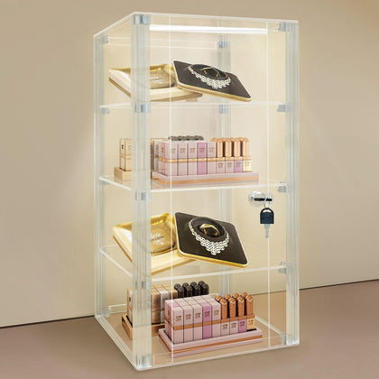Acrylic Display case with Lock,4 Tier Lockable Security Display Case, Dustproof Protection Countertop Organizer Box