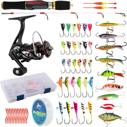 Ice Fishing Rod and Reel Combo, Ice Fishing Pole Gear Spinning Reel Equipment Set Backpack Chair Jigs Lures Accessories