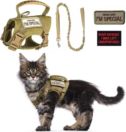 Tactical Cat Harness and Leash Set for Walking Escape Proof Adjustable Large Cat Vest Harness with Patches Soft Mesh