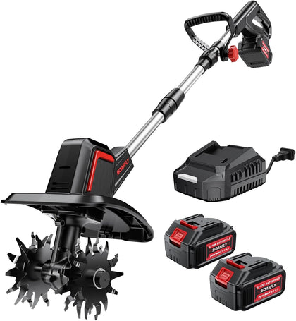Upgraded Cordless Electric Tiller for Gardening, Total 8.0Ah Battery Powered Mini Cultivator with 2×4.0AH Batteries