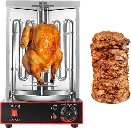Shawarma Machine Electric Vertical Kebab Grill Gyro Rotisserie Oven Meat Broiler with 2 Heating Tubes Stainless Steel