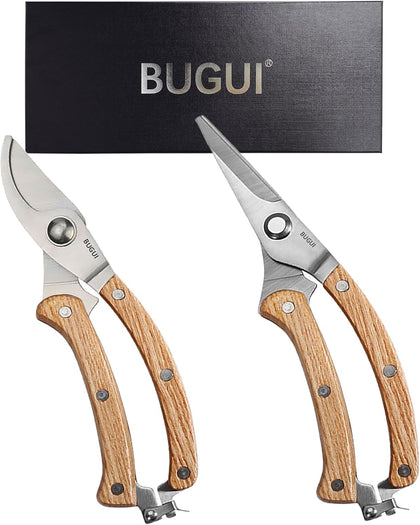 8” Wood Handle Garden Scissors, Set of 2, Includes Bypass Pruning Shears and Long Straight Tip Clippers, Premium