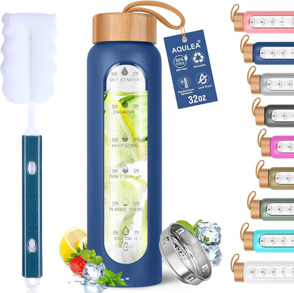 Glass Water Bottles 32 Oz with Silicone Sleeve - BPA Free Reusable Wide Mouth Glass Motivational Water Bottles with