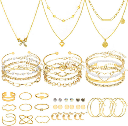 49 Pieces Gold Jewelry Set for Women Fashion Costume Jewelry Gold Plated Necklace Bracelet Ring Earrings Set for Women