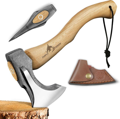 Camping Hatchet 14.7 Inch Hand Forged Splitting Axe | Hand Forged Blade, Wooden Handle, Leather Sheath, Gift Box