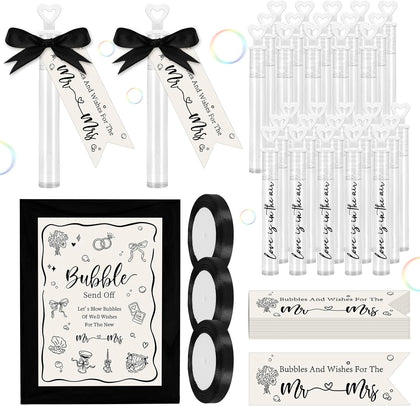 405 Pcs Wedding Bubble Wand Set Heart Bubble Wands Black Send Off Card Mr. & Mrs. Label Tags Wooden Frame Ribbon for
