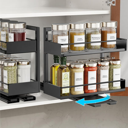 Pull Out Spice Rack - 2 Pack Rotate Peel and Stick No-Drill Vertical Spice Rack Organizer for Cabinet Easy Access
