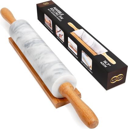 16.7 Inches Marble Rolling Pin for Baking with Wooden Handles & Wooden Cradle - Rolling Pin for making Pizza Dough &