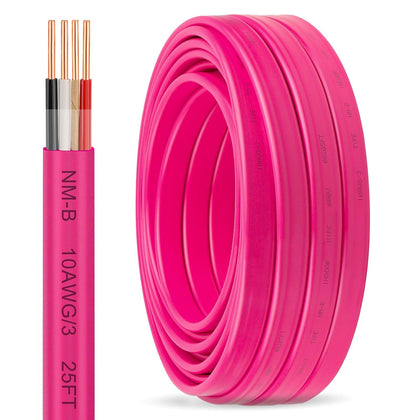 10/3 NM-B with Ground, Solid Indoor Electrical Wire, 25 FT, Pink