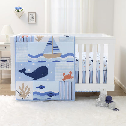 3 Piece Nautical Patch Baby Crib Bedding Set Boy, Baby Blanket Quilt, Fitted Crib Sheets for Boys, Navy & Blue