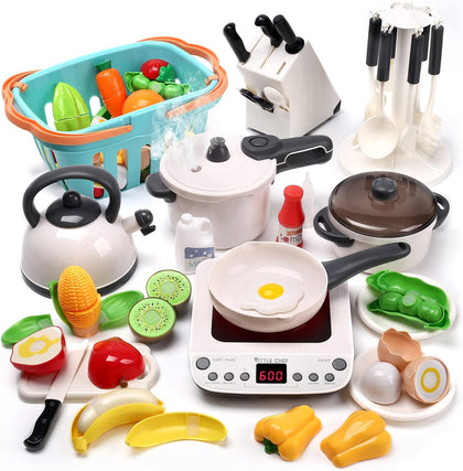 Pretend Play Kitchen Toy with Cookware Steam Pressure Pot and Electronic Induction Cooktop, Cooking Utensils, Toy