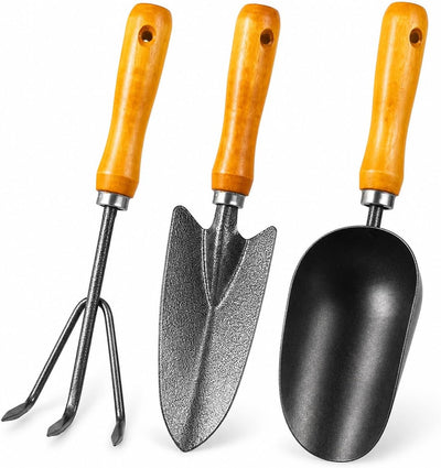 3-in-1 Heavy Duty Gardening Tools Kit, Premium Carbon Steel Garden Hand Tools with Ergonomic Wooden Handle Includes