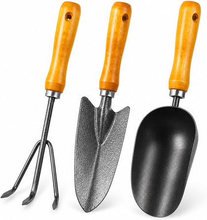 3-in-1 Heavy Duty Gardening Tools Kit, Premium Carbon Steel Garden Hand Tools with Ergonomic Wooden Handle Includes