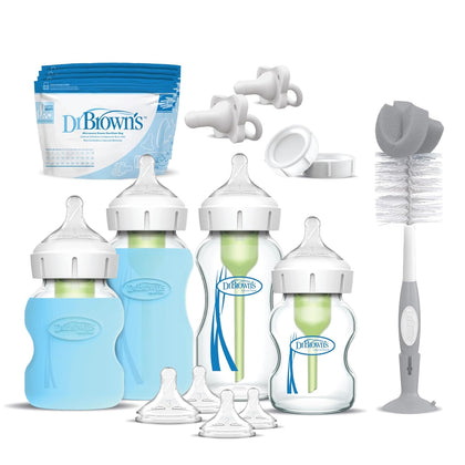 Anti-Colic Options+ Wide-Neck Glass Baby Bottle Starter Set with 100% Silicone Bottle Sleeves, Level 1, 2, and 3