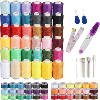 72Pcs Bobbins Sewing Thread Kits, 500 Yards Per Polyester Thread Spools with Needle, Threader, Scissors and Ruler