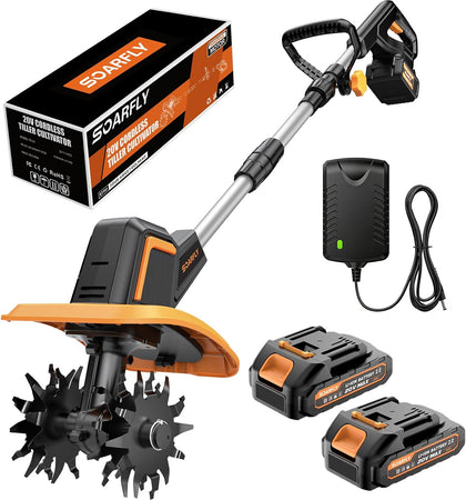 Upgraded Cordless Tiller for Gardening with Dual 2.0Ah Batteries, 48 Steel Tines Battery Rototiller, 9" Width 6.6"