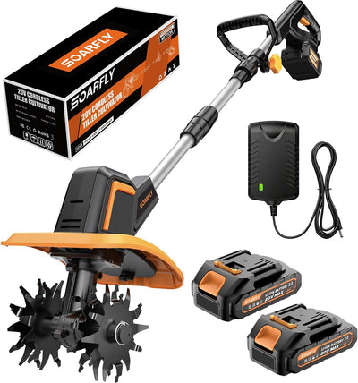 Upgraded Cordless Tiller for Gardening with Dual 2.0Ah Batteries, 48 Steel Tines Battery Rototiller, 9" Width 6.6"