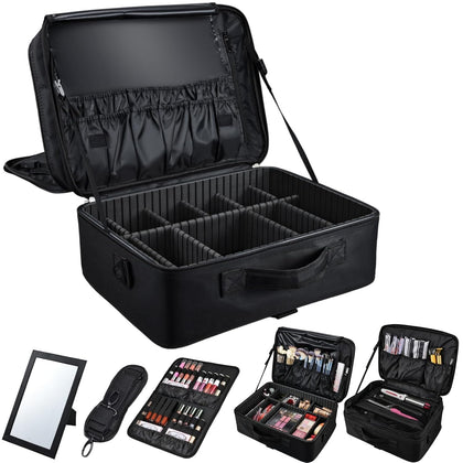Large Makeup Bag, 3 Layers 17” Makeup Case Organizer with Mirror Professional Cosmetic Storage Backpack Box Travel