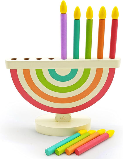 Wooden Hanukkah Menorah for Kids – Chanukah Set with 9 Removable Multicolored Candles, Storage Bags, Educational
