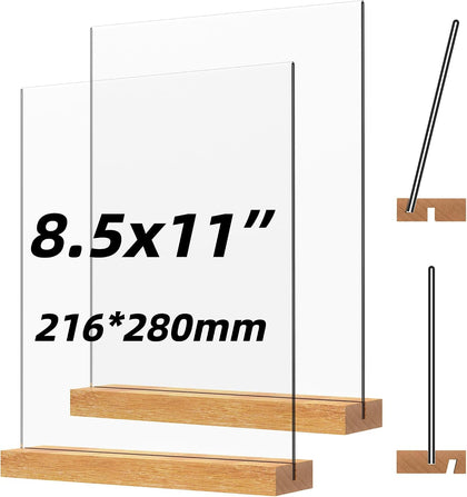Acrylic Sign Holder with Wood Base 8.5x11 Inch Vertical and Slant Displays (2 Pack 8.5*11")